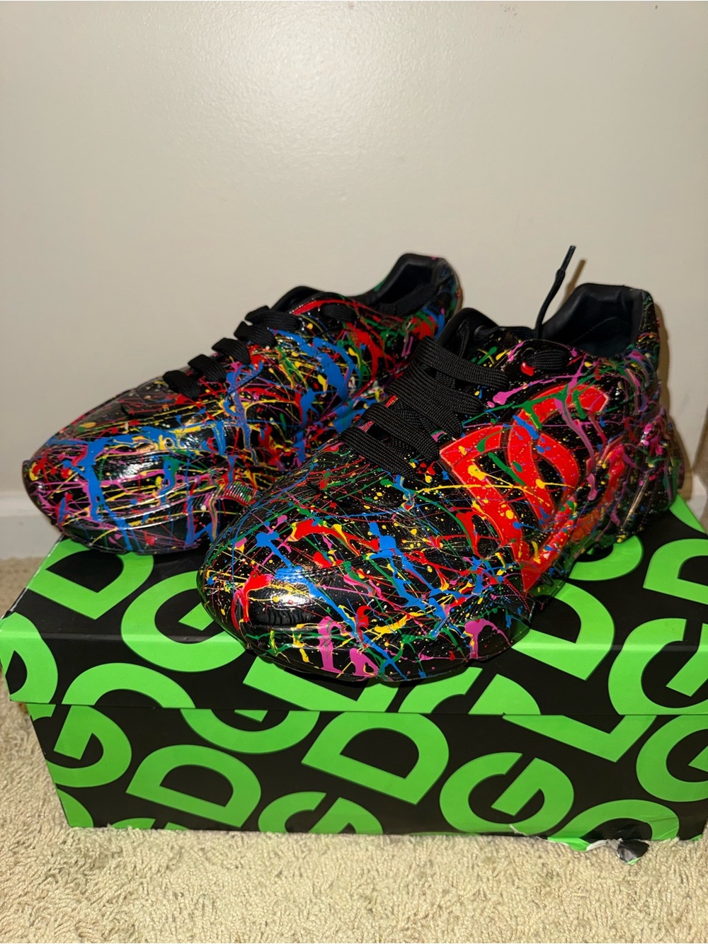 Dolce & Gabbana Black Multicolor Paint-Splatter Athletic Sneakers